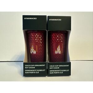 SET Disneyland Walt Disney World Castle Studded Starbucks Cup Ornament Keychain